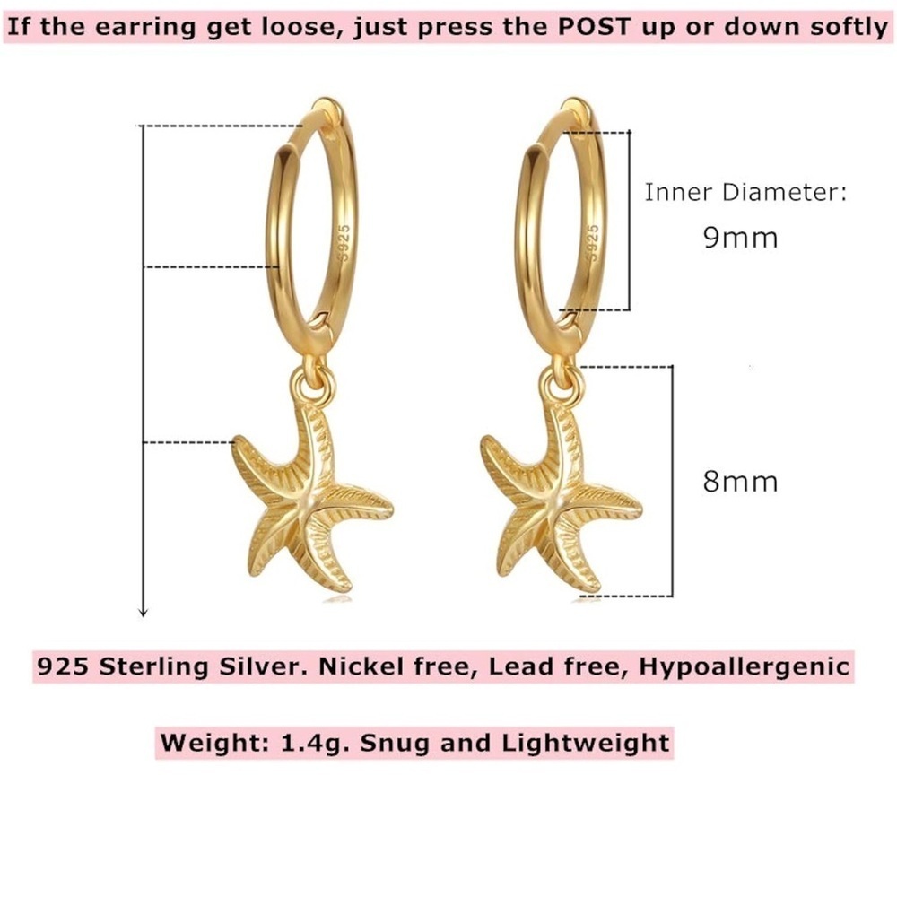 Exquisite 18K Gold Vermeil 925 Sterling Silver Starfish Hoop Earrings - Picture 3 of 8